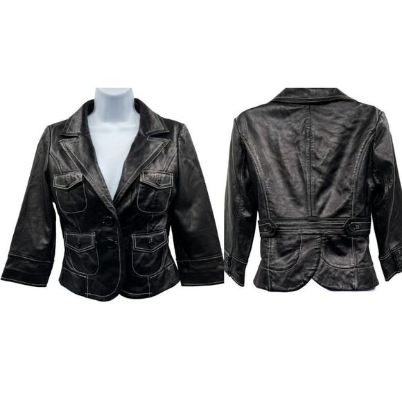 Vintage Bebe 100% Leather Black Four Pocket Cropped Blazer Jacket - Picture 1 of 9
